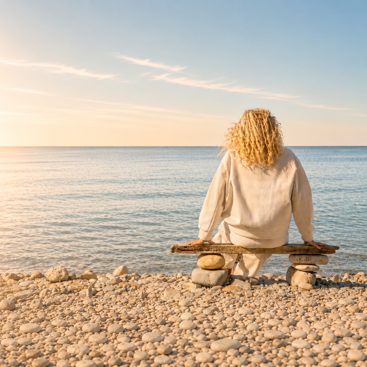 Frau blickt ruhig auf das Meer – Symbol für innere Ruhe, Sicherheit und den Weg aus Angst und Panikattacken.