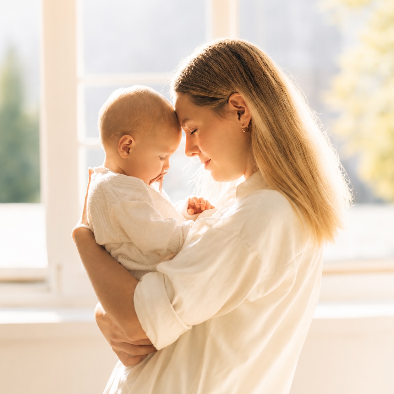 Mutter hält ihr Baby liebevoll im Arm am Fenster – Symbol für Geborgenheit, sichere Bindung und neue Zuversicht nach einem Geburtstrauma.