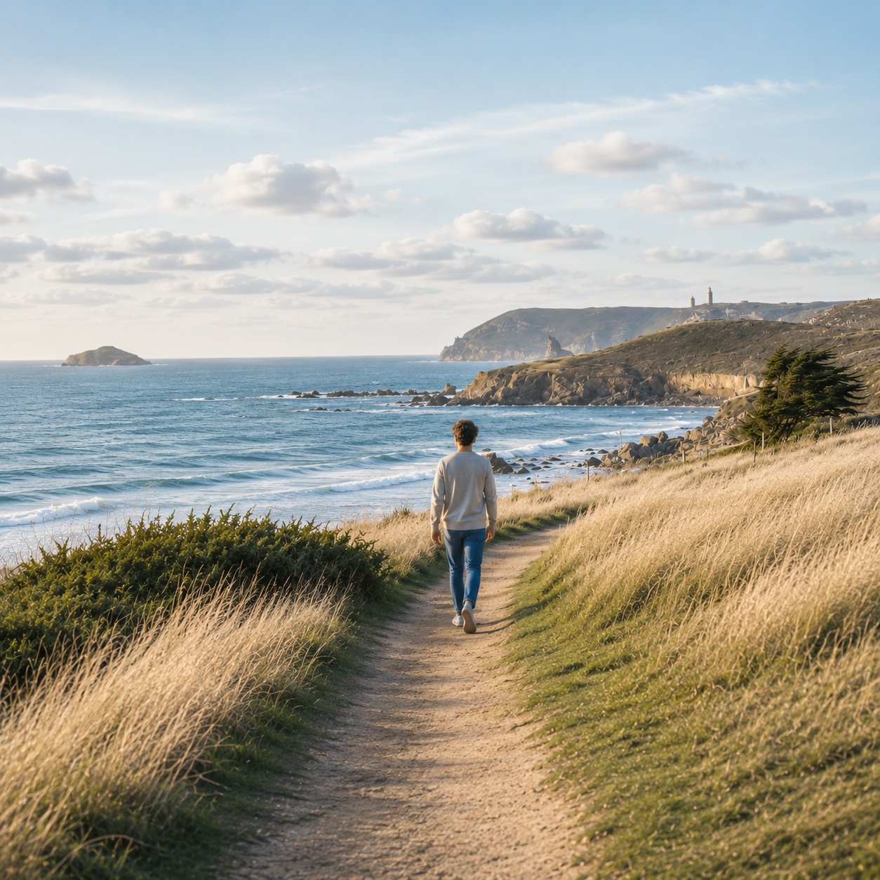 Junger Mann geht entspannt auf einem Küstenweg am Meer und findet Ruhe – Symbolbild für die Behandlung psychosomatischer Beschwerden im Hypnosezentrum Cuxhaven