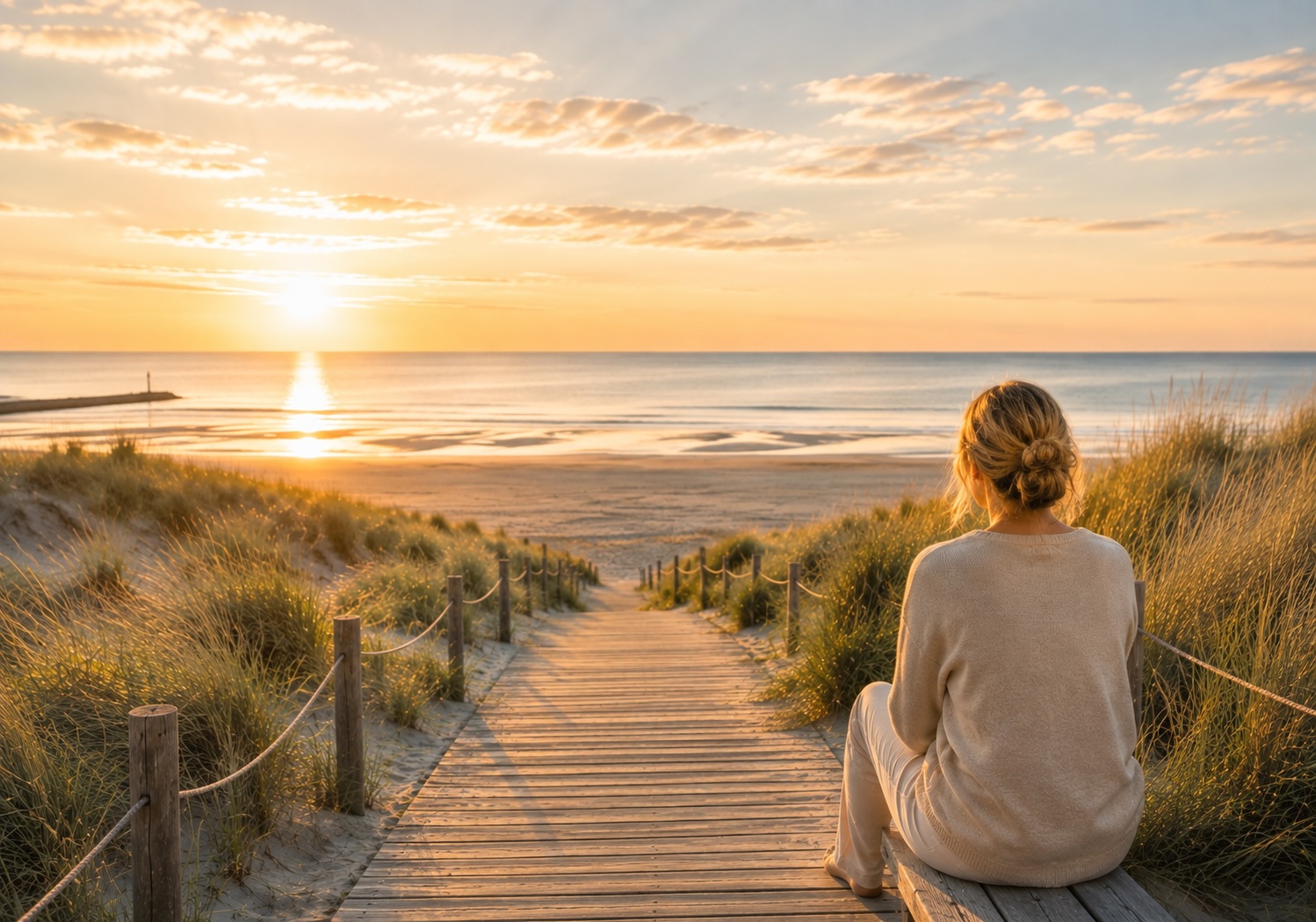 Frau blickt über einen Dünenweg auf das Meer als Symbol für innere Ruhe und neue Sicherheit bei Angst.