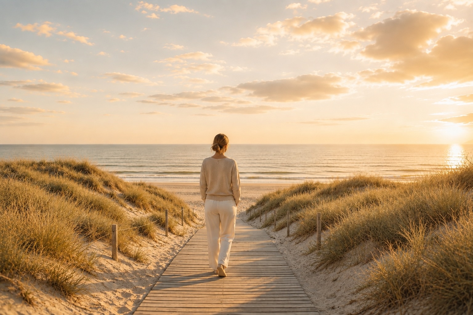 Frau auf einem Dünenweg mit Blick auf das Meer als Symbol für Veränderung, innere Klarheit und Hypnose.